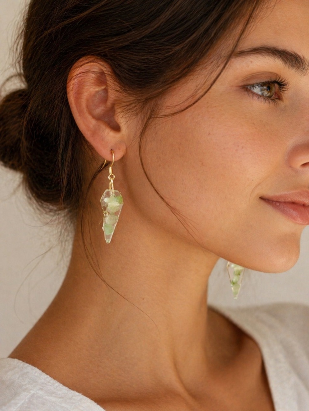 Silver Drop Earrings with Pale Green Crystal Accent - Women Jewelry